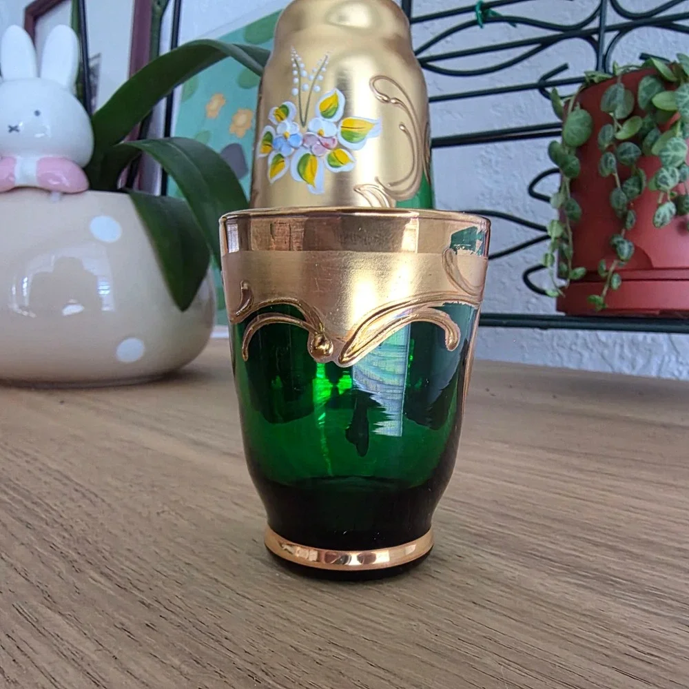 Murano Export Decanter Set Unisex OS Green 24KT Gold Hand Made Floral 5pc Set‎